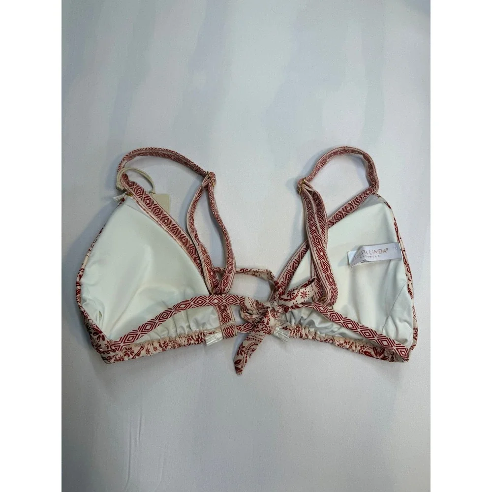 Cosita Linda Red Paisley Beaded Triangle Bikini Top NWT Size L Fringe Boho